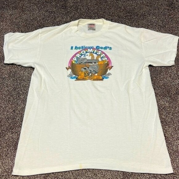 Oneita Other - Vintage 1995 Hanes Heavyweight I Believe In Gods Promises Noah's Ark Sz L
